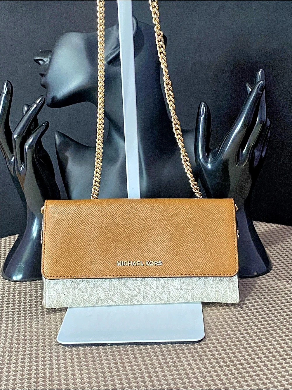 Michael Kors Colorblock Chain Crossbody in Brown & White